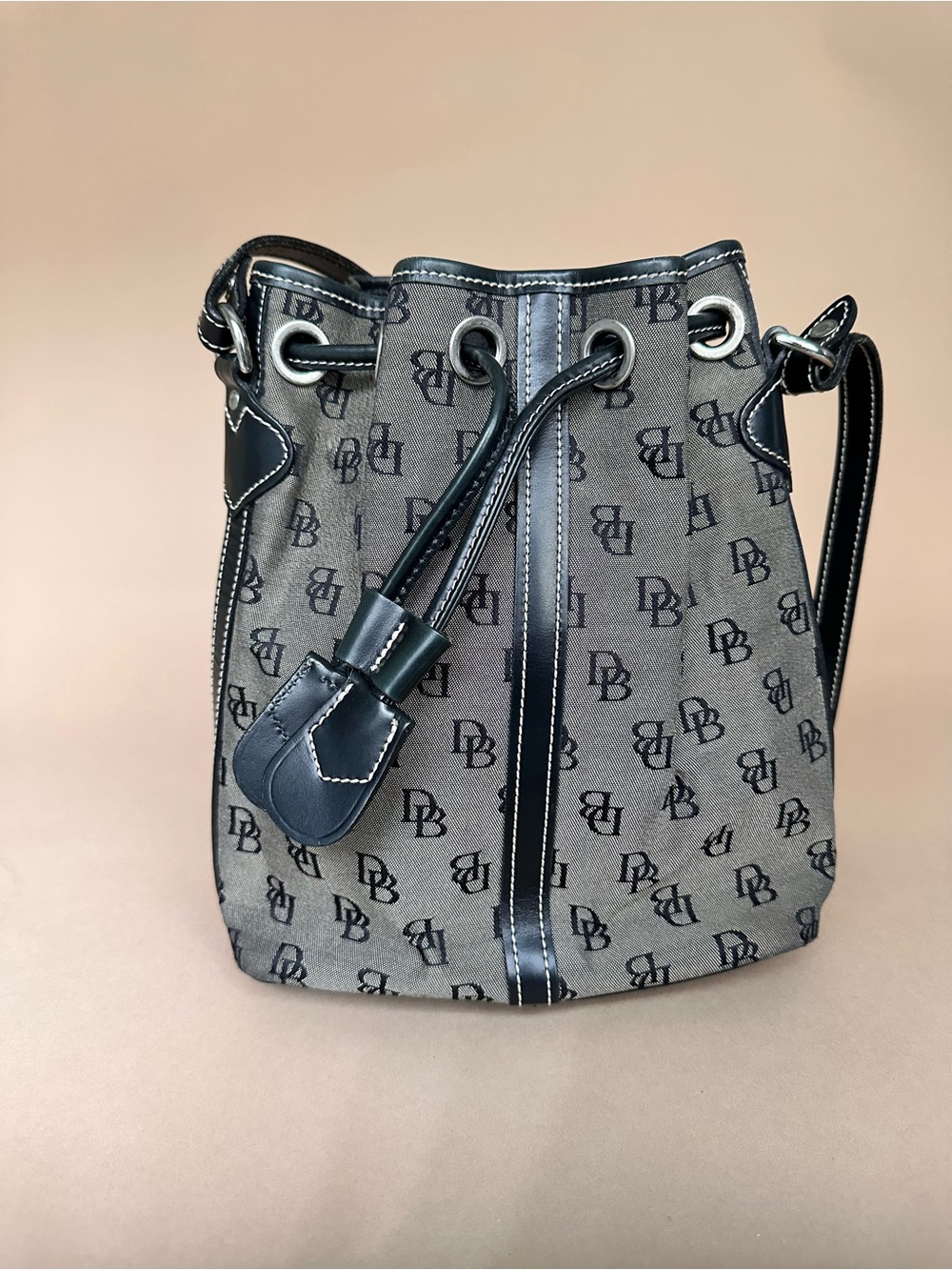 Vintage Dooney & Bourke Signature Monogram Drawstring Bucket Bag USA